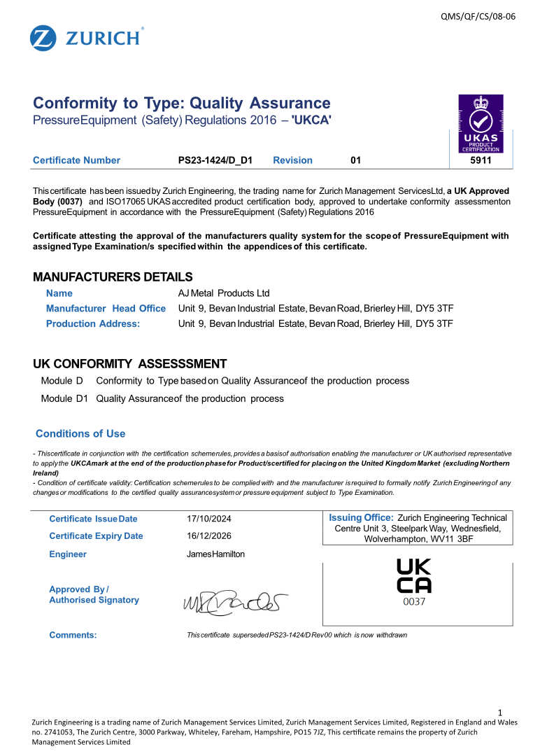 PED 2014/68/EU Pressure Equipment Directive Certificate